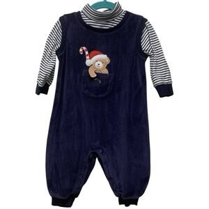 Baby UR It Christmas Bear Romper 12M Navy Velour One Piece Snaps Holiday Outfit